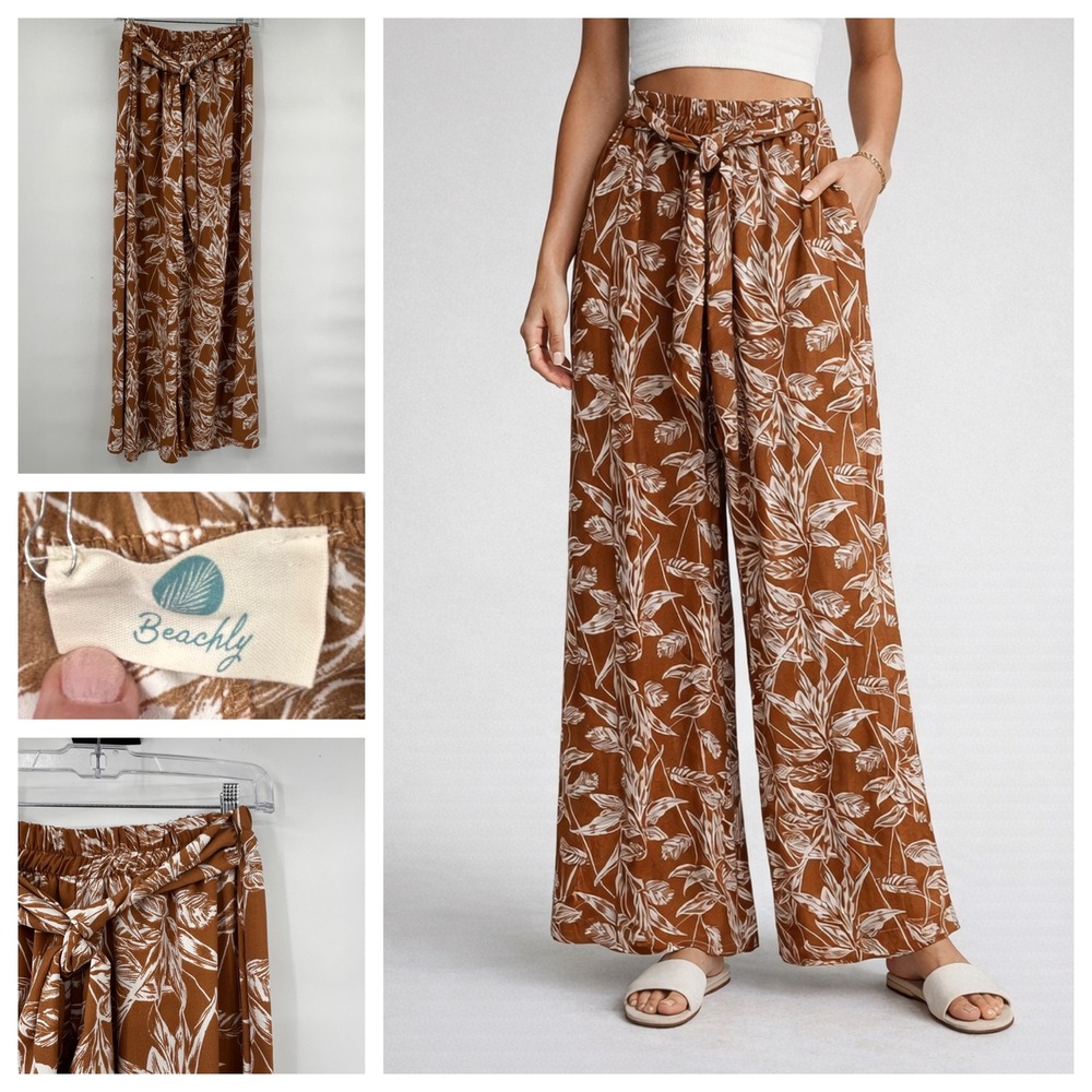 Beachly Wide Leg Palazzo Pants‎ Brown White Leaf Print Tie Waist Size Large